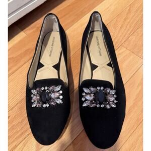 Adrienne Vittadini Black Velvet Rhinestone Flats Shoes Women's Size 7 M